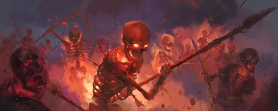 Dark Fiery Battle Glowing Eyed Black/Dark Wallpaper 4K 3200x1280 A, Dark, Fiery, Battle, Scene, With, Glowing-eyed, Skeleton, Warriors, Wielding, Weapons, Captured, Orange, Brown, Ultrawide, QHD