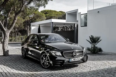 Sleek Black Benz Class Cobblestone Black/Dark Wallpaper 4K 4096x2722 Sleek, Black, Mercedes‑benz, E-class, Parked, On, A, Cobblestone, Driveway, Near, Modern, White, Gray, Ultrawide, 4K