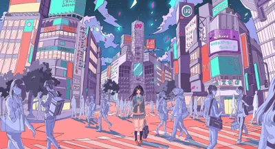 City People Anime Original World Wallpaper 4K 2048x1112 City, People, Anime, Original, Hd, Desktop, Pink, Gray, Purple, Ultrawide, Full HD