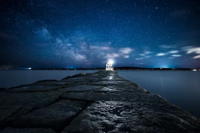 Vivid Serene Wallpaper Space Wallpaper 4K 2048x1369 A, Serene, Night, Scene, Featuring, Lighthouse, Illuminating, Rocky, Pier, Under, Starry, Sky, Brown, Landscape, Full HD