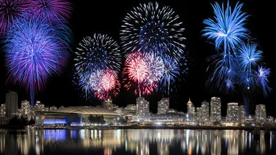 Colorful Night City World Wallpaper 4K 1920x1080 Colorful, Night, City, Skyline, With, Bright, Fireworks, Reflected, Water, Desktop, Photography, Brown, Gray, Ultrawide, Full HD