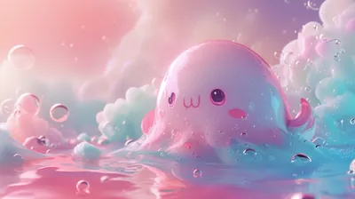 Vibrant Cute Wallpaper Abstract Wallpaper 4K 2912x1632 A, Cute, Kawaii, Octopus, With, Blushing, Face, Floats, Colorful, Bubbly, Water, Surrounded, White, Gray, Ultrawide, QHD