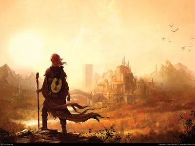 Fantasy Man Staff Lute Fantasy Wallpaper 4K 1920x1440 Hd, Fantasy, Pc, Desktop, Wallpaper, Showing, A, Man, Staff, Lute, Overlooking, Distant, White, Landscape, Full HD