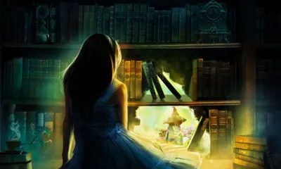 Misty Captivating Wallpaper Fantasy Wallpaper 4K 2209x1324 A, Captivating, Fantasy, Image, Featuring, Woman, Sitting, Before, Mystical, Bookshelf, Glowing, Scene, Purple, Brown, White, Ultrawide, Full HD