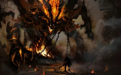 Dreamy Dramatic Wallpaper Fantasy Wallpaper 4K 2560x1600 A, Dramatic, Fantasy, Scene, Featuring, Towering, Demon, Fiery, Features, Looming, Over, Small, Brown, Orange, Ultrawide, QHD