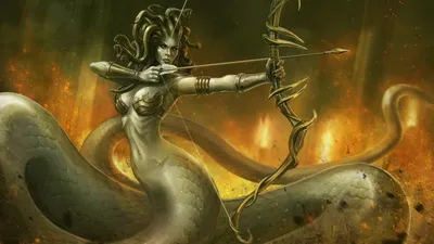 Fantasy Themed Depicting Medusa Fantasy Wallpaper 4K 1920x1080 A, Fantasy-themed, Hd, Wallpaper, Depicting, Medusa, Featuring, Serpent, Body, Wielding, Bow, Arrow, Gray, Brown, Ultrawide, Full HD