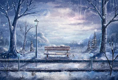 Anime Depicting Serene Winter Nature Wallpaper 4K 2000x1361 Hd, Anime-style, Desktop, Wallpaper, Depicting, A, Serene, Winter, Scene, Snow-covered, Bench, Between, White, Landscape, Full HD