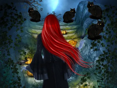 Witch Long Red Hair Stands Animals Wallpaper 4K 2500x1875 A, Witch, With, Long, Red, Hair, Stands, Amidst, Pumpkins, Ivy, Surrounded, Four, Brown, White, Pink, Landscape, Full HD