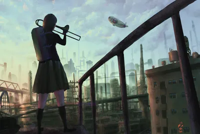 City Trumpet Anime Original World Wallpaper 4K 1920x1280 City, Trumpet, Anime, Original, Hd, Desktop, Gray, Landscape, Full HD
