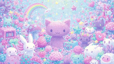 Dreamy Cutecore Pastel Aesthetic Animals Wallpaper 4K 2944x1648 Dreamy, Cutecore, Pastel, Aesthetic, Cozycore, Scene, Plush, Purple, Cat, Among, Smiling, White, Ultrawide, QHD
