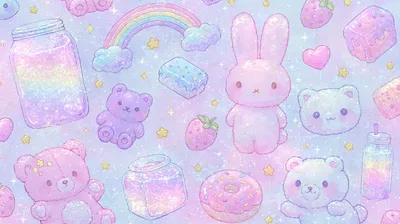 Whimsical Pastel Fairy Kei Cutecore Fantasy Wallpaper 4K 2944x1648 Whimsical, Pastel, Fairy-kei, Cutecore, Kawaii, Illustration, Of, Jars, Bunny, Bear, Plushies, Donuts, White, Ultrawide, QHD
