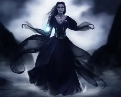 Dark Sorceress Flowing Black Black/Dark Wallpaper 4K 1500x1200 A, Dark, Sorceress, In, Flowing, Black, Attire, Stands, Amidst, Swirling, Mist, Holding, White, Square
