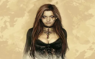 Gothic Woman Haunting Eyes Stands Black/Dark Wallpaper 4K 1920x1200 A, Gothic, Woman, With, Haunting, Eyes, Stands, Against, Dark, Adorned, Cross, Pendant, Gray, Ultrawide, Full HD