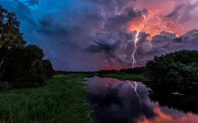 Dramatic Stormy Sky Nature Wallpaper 4K 1920x1200 A, Dramatic, Stormy, Sky, With, Dark, Clouds, And, Lightning, Reflects, Calm, River, Red, Brown, Ultrawide, Full HD