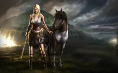 Vibrant Fantasy Wallpaper Fantasy Wallpaper 4K 2880x1800 A, Fantasy-themed, Hd, Wallpaper, Featuring, Woman, In, Armor, Standing, Beside, Horse, Set, Gray, Ultrawide, QHD