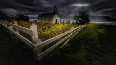 Moody Dark Wallpaper Nature Wallpaper 4K 2048x1152 Dark, Storm, Clouds, Gather, Over, A, Small, Chapel, Surrounded, White, Fence, Blooming, Gray, Ultrawide, Full HD