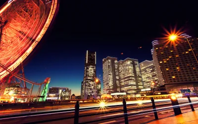 Nighttime Cityscape Yokohama Japan World Wallpaper 4K 3840x2400 Nighttime, Cityscape, Of, Yokohama, Japan, Featuring, Illuminated, Buildings, Ferris, Wheel, Designed, Desktop, Gray, Brown, Ultrawide, 4K