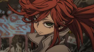 Vivid Anime Wallpaper Abstract Wallpaper 4K 5120x2850 Anime, Portrait, Of, Riyou, Reaper, (gachiakuta):, Red-haired, Green-eyed, Scowling, Figure, High-collared, Gray, Brown, Ultrawide, 4K
