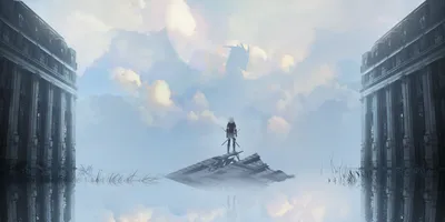 Anime Warrior Sword Fantasy Wallpaper 4K 3840x1920 An, Anime, Warrior, With, A, Sword, Stands, Reflected, Water, Amidst, Towering, Ancient, White, Ultrawide, 4K