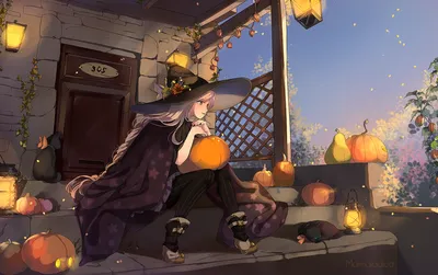 Epic Anime Wallpaper Abstract Wallpaper 4K 1920x1203 Anime-style, Halloween, Scene, Of, A, Girl, In, Witch, Costume, Sitting, Porch, Surrounded, Black, Ultrawide, Full HD