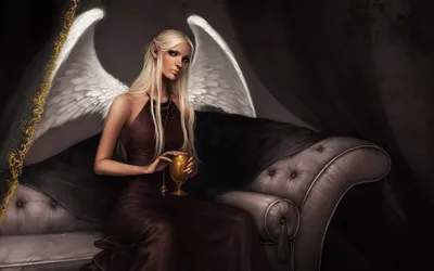 Dreamy Mystical Wallpaper Fantasy Wallpaper 4K 1920x1200 A, Mystical, Angel, Sits, Elegantly, On, Plush, Sofa, Holding, Golden, Chalice, Delicate, Gray, White, Ultrawide, Full HD
