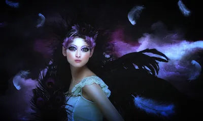 Serene Mysterious Wallpaper Fantasy Wallpaper 4K 2500x1500 A, Mysterious, Elf, With, Striking, Makeup, And, Elaborate, Feathered, Wings, Poses, Against, White, Brown, Ultrawide, Full HD
