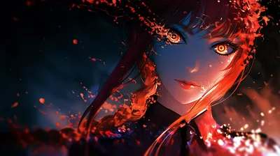 Chainsaw Man Anime Aesthetic Abstract Wallpaper 4K 3840x2152 Chainsaw, Man, Anime, Aesthetic, Fiery-eyed, Close-up, With, Glowing, Embers, Falling, Petals, Brown, Black, Ultrawide, 4K