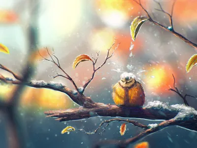 Dreamy Artistic Wallpaper Abstract Wallpaper 4K 3200x2400 Artistic, Hd, Wallpaper, Of, A, Cute, Plump, Bird, Perched, Snowy, Branch, Amid, White, Landscape, QHD