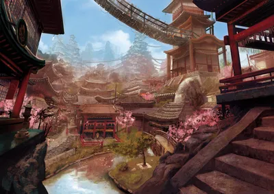 Mesmerizing Fantasy Cityscape Traditional World Wallpaper 4K 1600x1131 A, Mesmerizing, Fantasy, Cityscape, Featuring, Traditional, Architecture, Cherry, Blossom, Trees, Tranquil, Water, Gray, Pink, Landscape