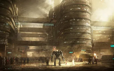 Futuristic Sci Cityscape Technology Wallpaper 4K 1680x1050 A, Futuristic, Sci-fi, Cityscape, Featuring, Towering, Structures, Bustling, Crowds, Giant, Robotic, Figure, Gray, Brown, Ultrawide