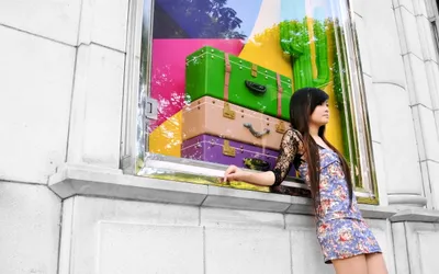 Woman Long Hair Leans Colorful Abstract Wallpaper 4K 2560x1600 A, Woman, With, Long, Hair, Leans, Against, Colorful, Window, Display, Featuring, Stacked, White, Ultrawide, QHD