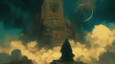 Mystical Temple Rises Space Wallpaper 4K 2912x1632 A, Mystical, Temple, Rises, Above, Swirling, Clouds, Under, New, Moon, Evoking, Sense, Orange, Ultrawide, QHD