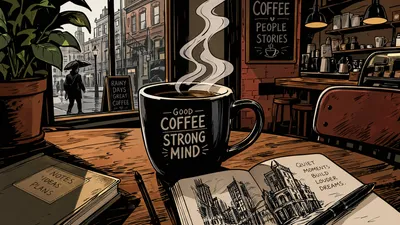 Radiant Cozy Wallpaper World Wallpaper 4K 3840x2160 Cozy, Coffee, Scene, Steaming, Mug, Reading, Good, Strong, Mind, Wooden, Table, Orange, Gray, Ultrawide, 4K