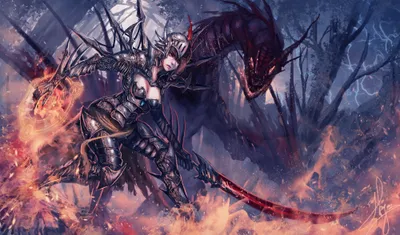 Vibrant Powerful Wallpaper Fantasy Wallpaper 4K 2000x1176 A, Powerful, Woman, Warrior, Stands, Confidently, With, Fiery, Sword, Accompanied, Menacing, Dragon, Gray, Brown, Ultrawide, Full HD