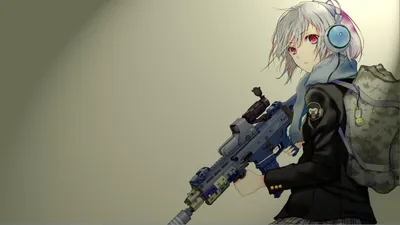Vibrant Anime Wallpaper Technology Wallpaper 4K 1920x1080 Anime, Character, With, White, Short, Hair, Wearing, Headphones, Holding, Rifle, Dressed, Military-style, Gray, Ultrawide, Full HD
