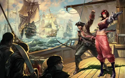 Fantasy Pirate Vibrant Characters Fantasy Wallpaper 4K 1920x1200 Hd, Fantasy, Pirate, Scene, With, Vibrant, Characters, On, Ship, Deck, Amidst, Dramatic, White, Gray, Ultrawide, Full HD