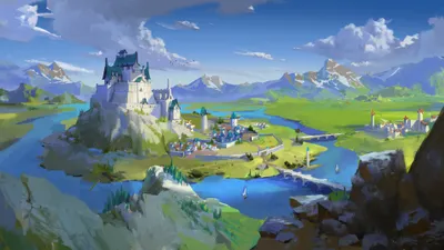 Vibrant Fantasy Castle Perched Hill Nature Wallpaper 4K 3840x2160 A, Vibrant, Fantasy, Castle, Perched, On, Hill, Overlooking, Winding, River, Village, Set, Gray, Pink, Ultrawide, 4K