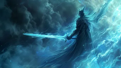 Majestic Knight Wielding Glowing Sword Fantasy Wallpaper 4K 2912x1632 A, Majestic, Knight, Wielding, Glowing, Sword, Stands, Against, Stormy, Mystical, Backdrop, Embodying, Brown, Ultrawide, QHD