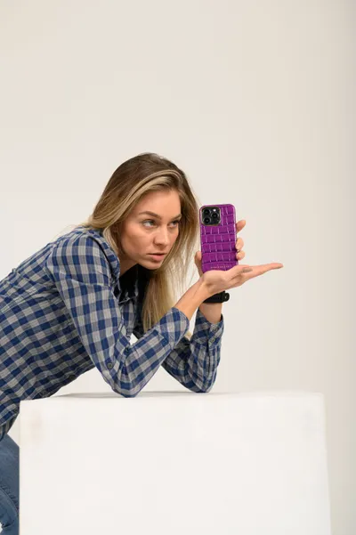 Woman Holding Smartphone Purple Case Abstract Wallpaper 4K 4024x6048 White