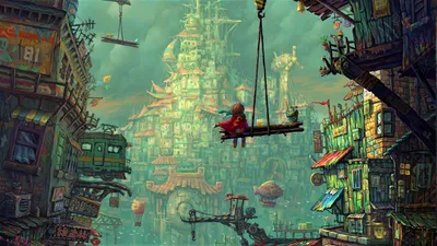 Fantasy Cityscape Little Girl Red Wallpaper 4K, World category