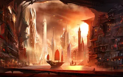 Fantasy Cityscape Futuristic Skyscrapers World Wallpaper 4K 2560x1600 This, Hd, Wallpaper, Features, A, Fantasy, Cityscape, With, Futuristic, Skyscrapers, Ship, Waterway, White, Purple, Brown, Ultrawide, QHD