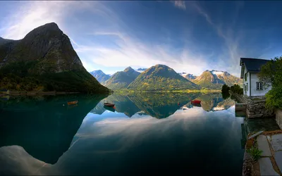 Reflection Mountains House Calm Wallpaper 4K, Nature category
