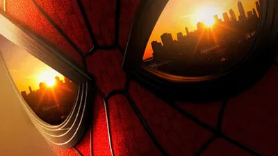 Close Spider Man World Wallpaper 4K 3840x2160 Close-up, Of, Spider-man, Mask, Reflecting, A, Golden, City, Sunrise, Labeled, Brand, New, Purple, Orange, Red, Ultrawide, 4k