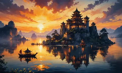 Fantasy Castle Sunset Reflected Calm Wallpaper 4K, Fantasy category