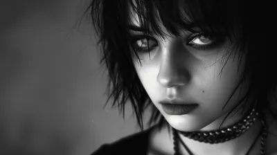Close Dark Emo Black/Dark Wallpaper 4K 2912x1632 A, Close-up, Of, Dark, Emo, Girl, With, Striking, Features, Intense, Eyes, Captured, White, Gray, Ultrawide, QHD