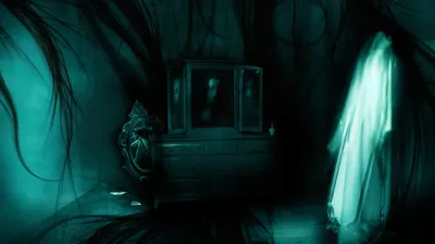 Dark Ghostly Figure Eerie Black/Dark Wallpaper 4K 1920x1080 Hd, Desktop, Wallpaper:, Featuring, A, Dark, Ghostly, Figure, Eerie, Room, Mirror, Dresser, Brown, Blue, Purple, Ultrawide, Full HD