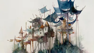 Misty Artistic Wallpaper World Wallpaper 4K 3840x2160 Artistic, Cityscape, Of, Stilted, Houses, And, Billowing, Fabric, Canopies, Perched, Over, Misty, White, Ultrawide, 4k