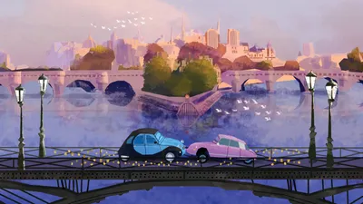 Radiant Artistic Wallpaper World Wallpaper 4K 2560x1440 An, Artistic, Painting, Of, Two, Vintage, Cars, On, Bridge, Over, River, Paris, White, Ultrawide, QHD