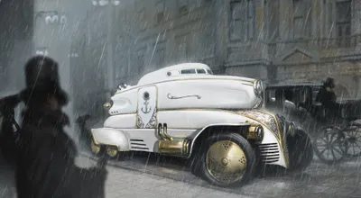 Steampunk Inspired Vehicle World Wallpaper 4K 3604x1988 A, Steampunk-inspired, Vehicle, Blending, Sci-fi, Elements, With, Vintage, Design, Stands, Rain, City, Gray, White, Ultrawide, QHD