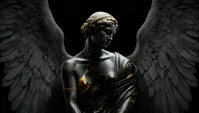 Epic Dark Wallpaper Black/Dark Wallpaper 4K 3330x1888 Dark, Artistic, Angel, Statue, With, Outstretched, Wings, Black, Marble, Texture, Gold, Veins, Gray, White, Ultrawide, QHD